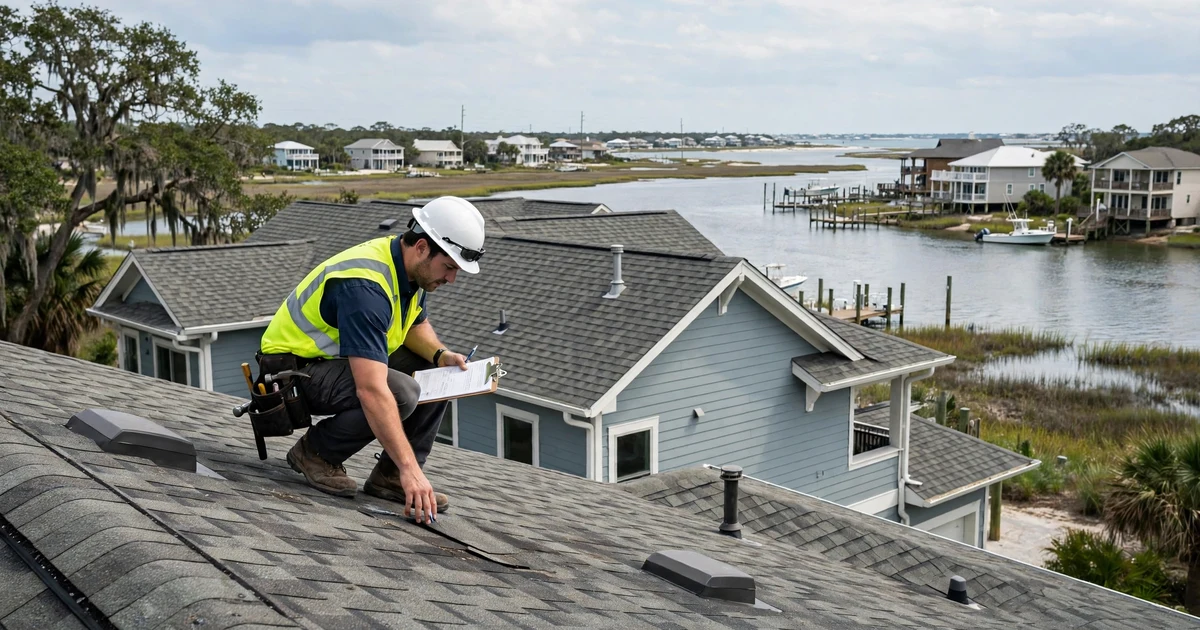 Roof Inspection in League City: inspector examining shingles with moisture meter on a residential roof