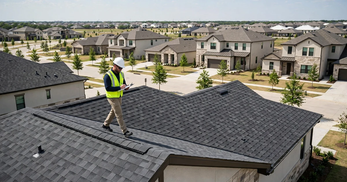 Roof Inspection in Pearland: inspector examining shingles with moisture meter on a residential roof