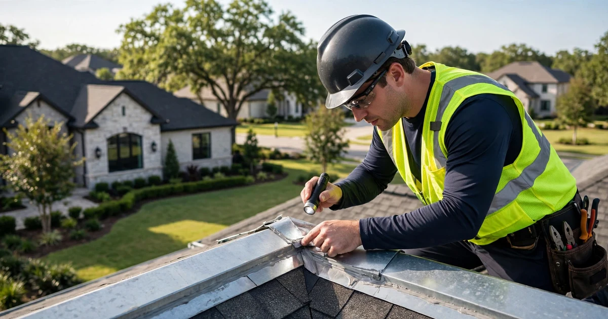 Roof Inspection in Sugar Land: inspector examining shingles with moisture meter on a residential roof