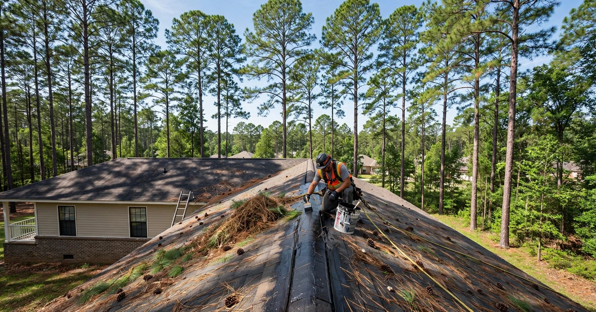 Roof Leak Repair in Conroe: technician tracing a ceiling water stain to its roof source