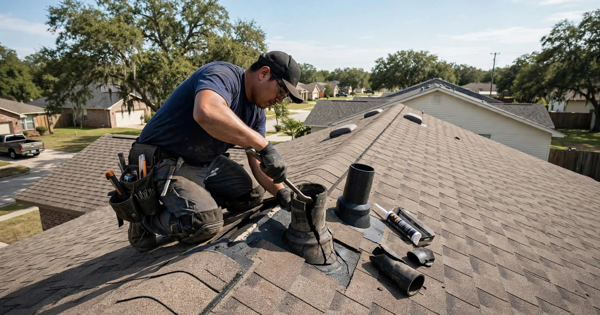 Roof Leak Repair in Pearland: technician tracing a ceiling water stain to its roof source