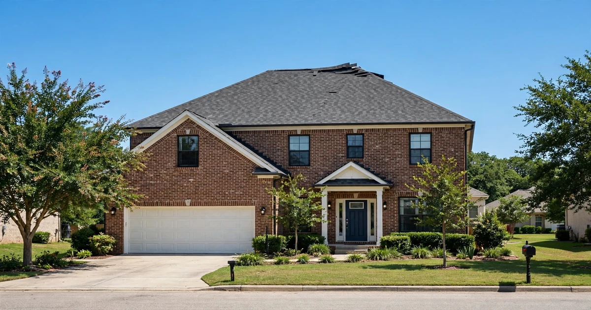 Samara roof repair in League City: two-story brick home with architectural shingles and a few lifted shingles near the ridge, clear blue sky