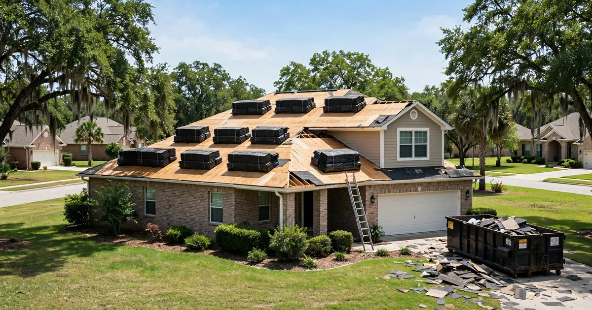 Roof replacement in Sugar Land: crew installing new architectural shingles