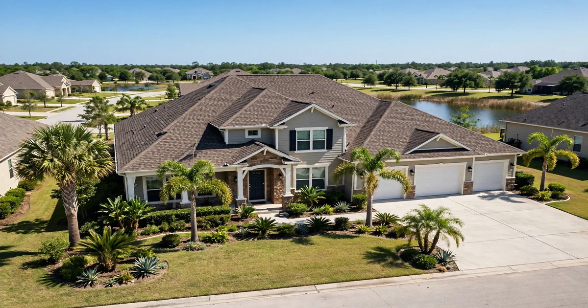 Victory Lakes roof repair in League City: suburban home with dimensional shingles and palm trees, clear blue sky