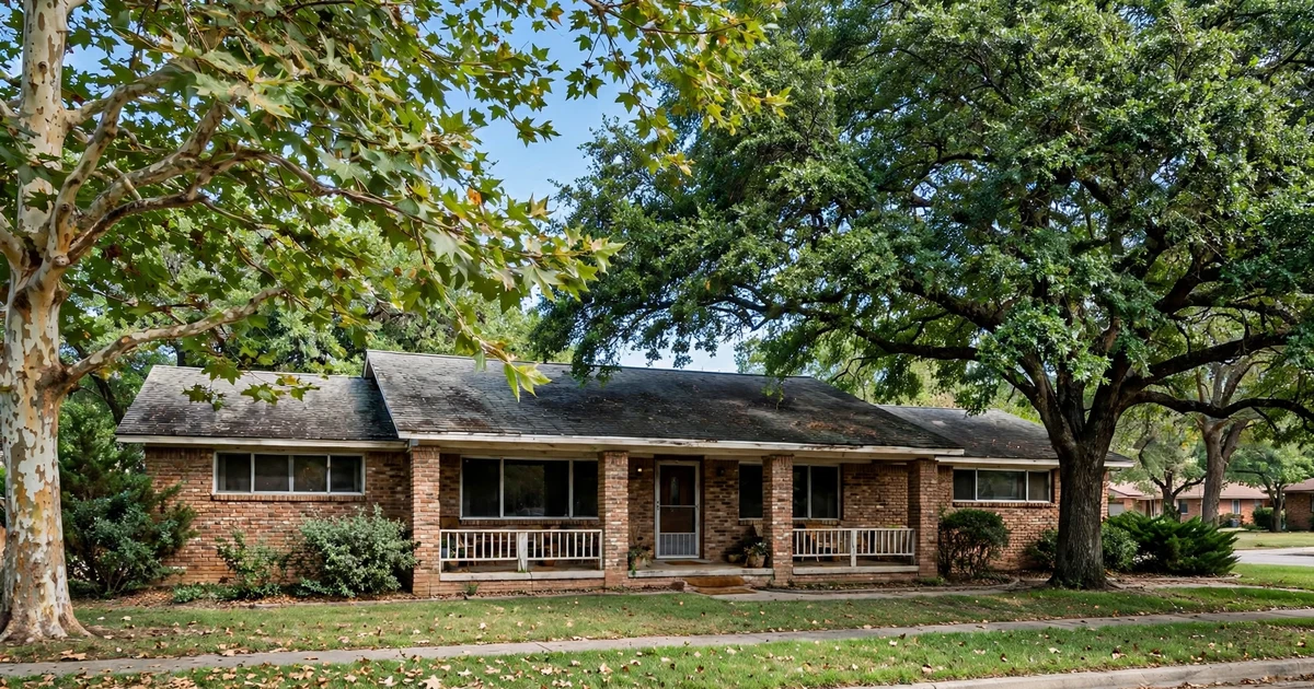 Village Grove East roof repair in Pasadena: 1970s brick ranch with charcoal weathered 3-tab shingles, large porch and oaks, clear sky